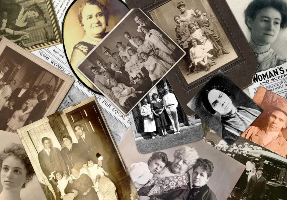 A collection of vintage black-and-white family photographs from different eras.