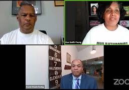 A video call with four participants in different settings.